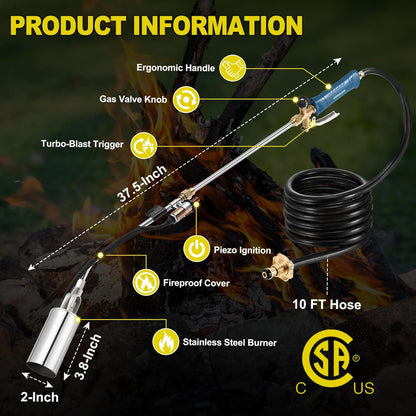 Propane Torch Weed Burner, Weed Torch with 10FT Hose, High Output 1,800,000 BTU Flame Thrower Kit with Flame Control and Adapter(Blue)