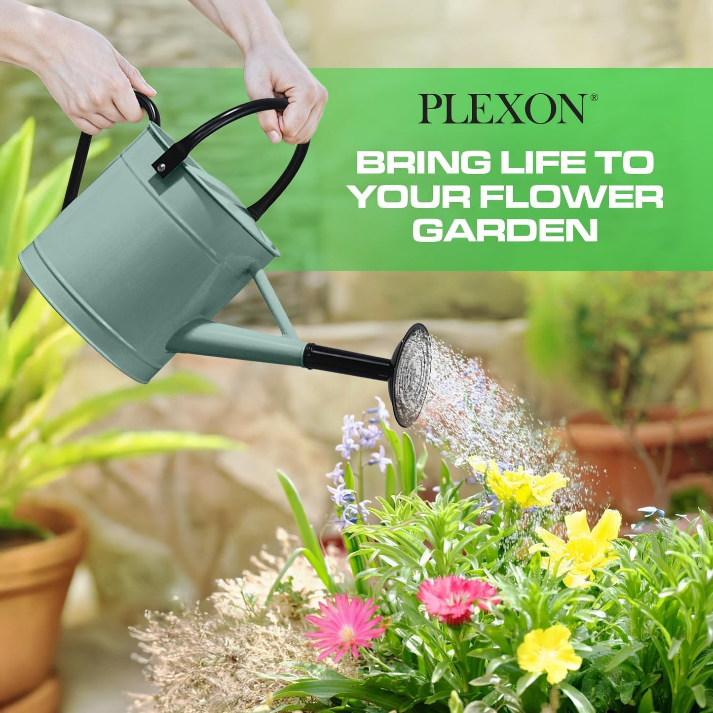 Plexon 1 Gallon Metal Watering Can Outdoor, Flower Plant Gardening Garden Large Watering Can Pot, Black Galvanized Steel Handles and Removable Spray Spout, Aqua Mist Blue