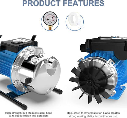 FOTING 1.6HP Shallow Well Pump, 1600GPH Jet Pumps Garden Pump 147FT, Portable 115V Water Transfer Household Draining Irrigation Pumps Stainless Steel for Garden Lawn Farm