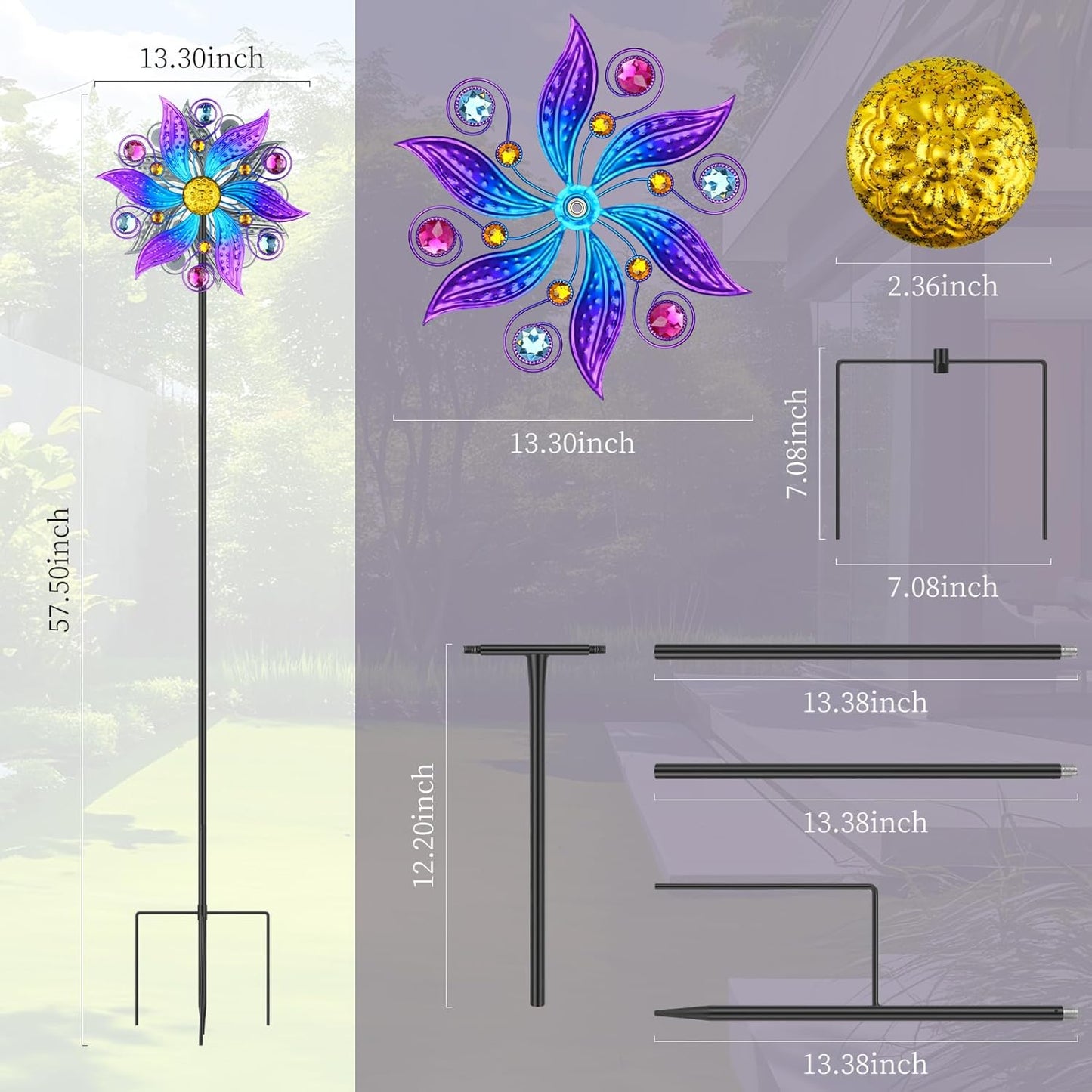 Metal Wind Spinner Outdoor, Purple Flowers Wind Sculpture Spinners with Metal Stake, Yard Art Decor for Patio, Lawn & Garden, Creative Gifts 57.5 * 13.3 Inch