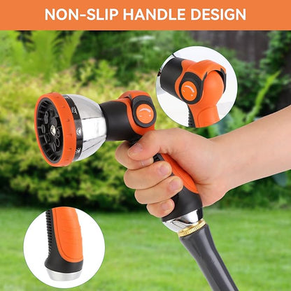Garden Water Hose Nozzle Metal Heavy Duty Sprayer Thumb Control with 10 Spray Modes Suitable for Watering Plants, Iawn and Garden, Car Washing, Cleaning, Showering Pets and Outdoor Fun, Orange
