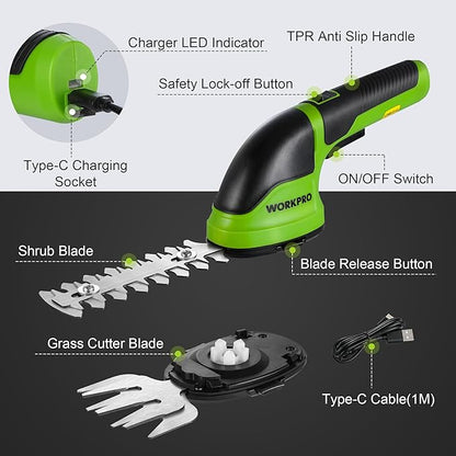 WORKPRO Cordless Grass Shear & Shrubbery Trimmer - 2 in 1 Handheld Hedge Trimmer Electric Grass Trimmer Hedge Shears/Grass Cutter Rechargeable Lithium-Ion Battery and Type-C Cable Included (Green)