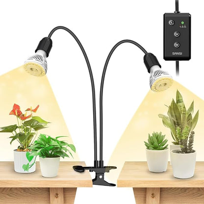 SANSI LED Grow Lights for Indoor Plants, Lifetime Free Bulb Replacement, 300W Full Spectrum Dual Gooseneck Clip Plant Grow Light, Plant Light with Timer 4/8/12 Hrs, High PPFD Growing Power Grow Lamp