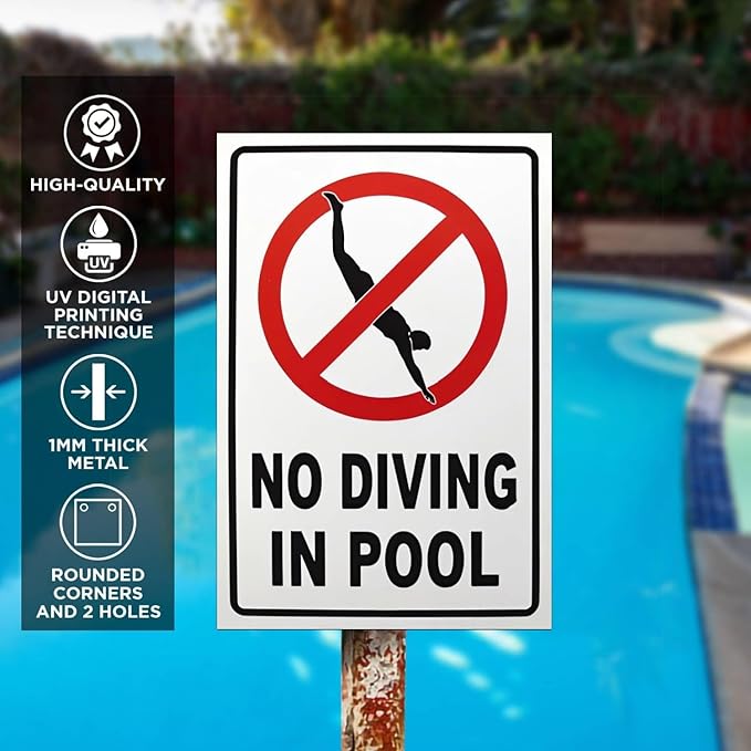 No Diving in Pool Metal Sign Gifts for Pool Owners- 12x8in No Diving Warning Tinplate Decor for Outdoor Pools