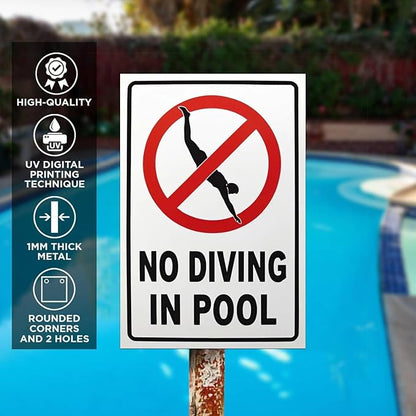 No Diving in Pool Metal Sign Gifts for Pool Owners- 12x8in No Diving Warning Tinplate Decor for Outdoor Pools