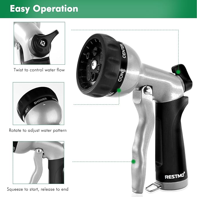 RESTMO Garden Hose Nozzle, Heavy Duty Metal Water Nozzle with 7 Adjustable Spray Patterns, High Pressure Hand Sprayer with Flow Control, for Watering Plants & Lawns, Washing Cars & Pets, Black