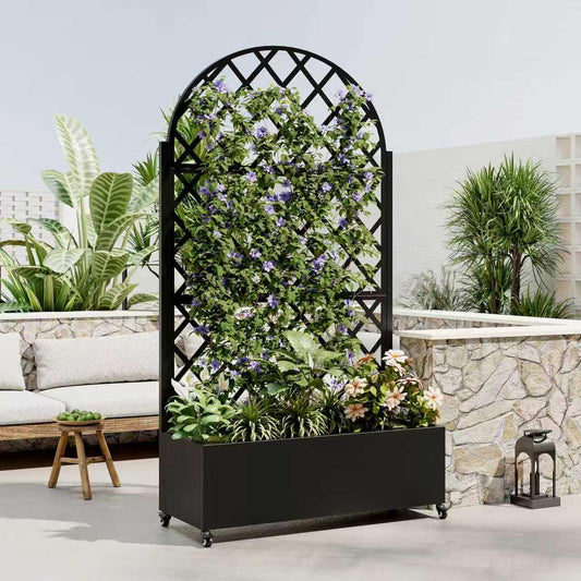 Metal Planter Box with Trellis and Wheels, 73"x35"x16" Galvanized Steel Raised Garden Bed with Drainage Holes and Privacy Screen Function for Climbing Plants, Vegetables, Flowers, and Vines–Black