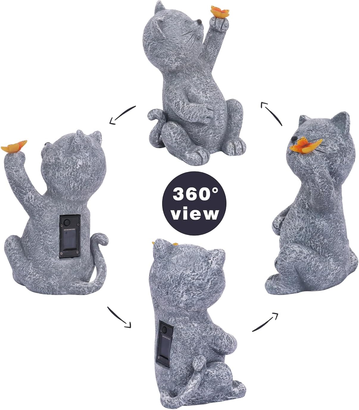 Solar Garden Statue Cat Garden Figurines Cat Garden Statue Outdoor Decor, Solar Powered Resin Sculpture with Butterfly Light Art Decoration for Patio Lawn Yard Porch, Housewarming Garden Gift