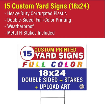 Personalized 18x24" Yard Signs, Double Sided Printing, Metal Stake Included, by Legit Fast Printing (15pk)