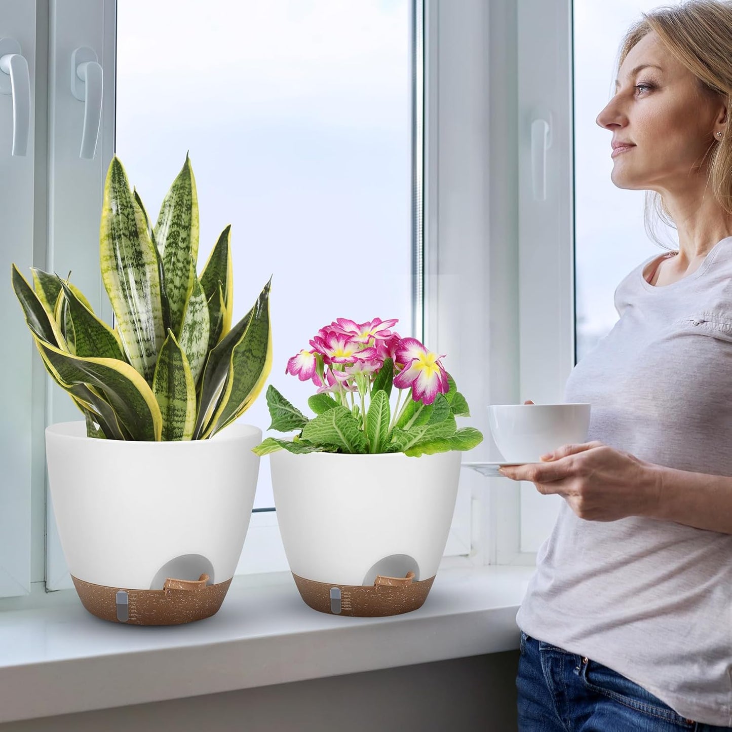 Self-Watering Plant Pots with Water Level Indicator, Drainage Holes & Saucers – 12/10/9 Inch Large Plastic Planter Set for Indoor & Outdoor Plants (White)