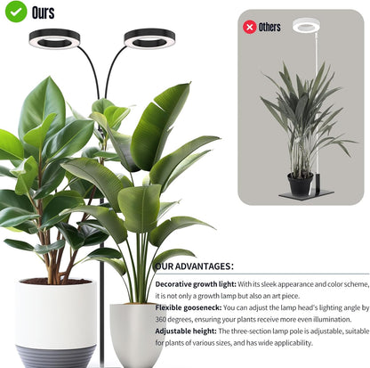 GLOWRIUM Grow Lights for Indoor Plants, 36W Full Spectrum 2-Head LED Plant Light with Stand, Adjustable Height, 3/9/12H Timer, 6 Dimmable Levels & 3 Lighting Modes(Black-Double Head)