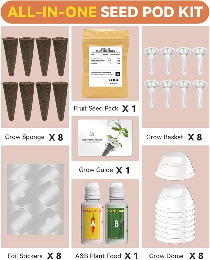 LYKOCLEAN Fruits Seed Pod Kit for AeroGarden, Ahopegarden, iDoo, GARDENCUBE, MUFGA with Strawberry, Cucumber, Red/Golden Cherry Tomato, Compatible with All Indoor Hydroponics Growing System, 8-Pod