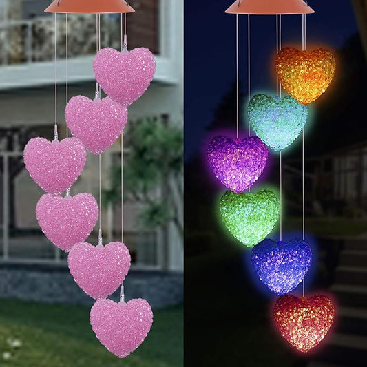ME9UE Solar Pink Heart Wind Chimes, Outdoor Waterproof Mobile Romantic LED Color-Changing Multi Solar Sensor Powered Wind Chimes Lights for Home, Yard, Night Garden, Party, Festival Decor