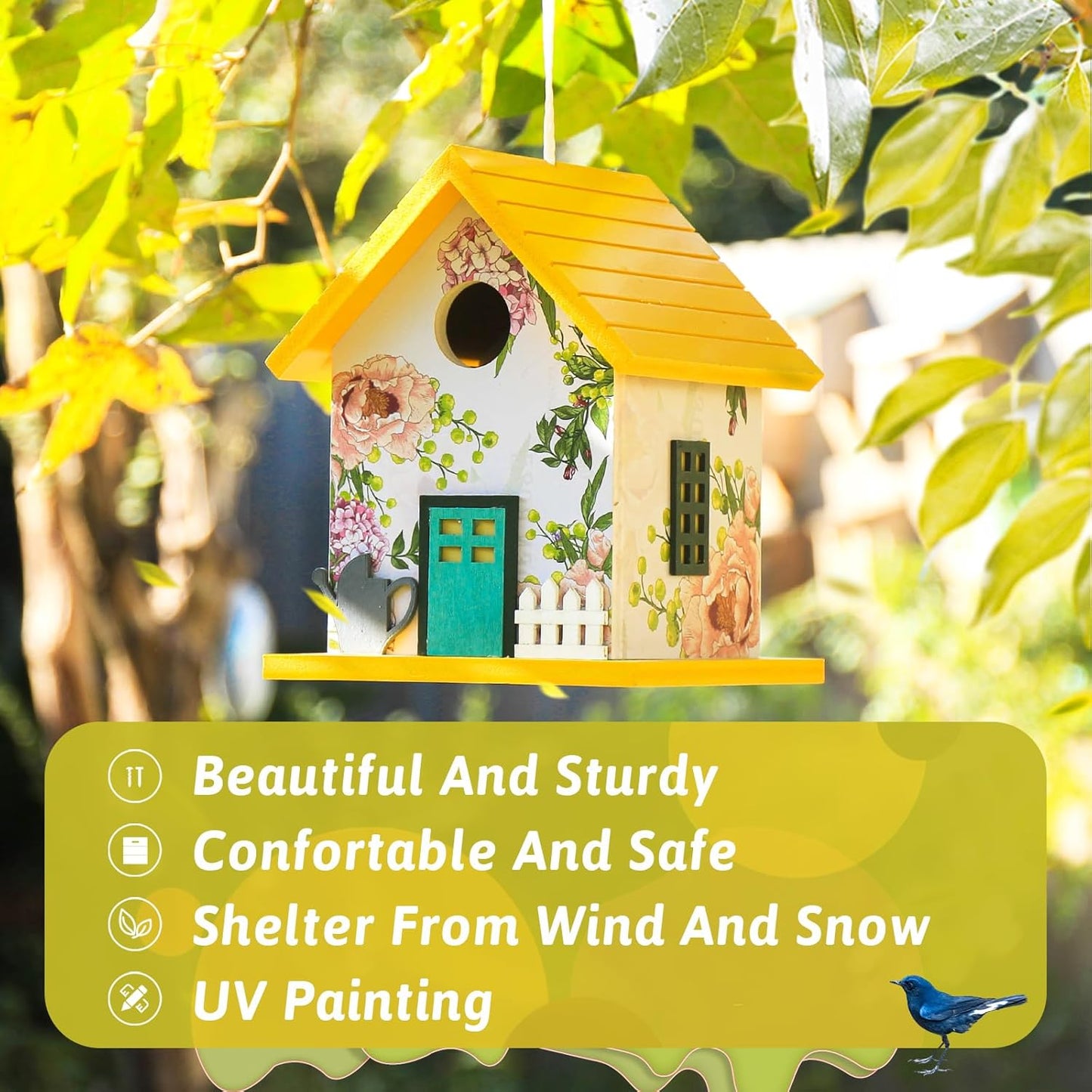 Spring Melody Bluebird House, Composite Material Nesting Box, Hanging Birdhouse for Blue Bird,Sparrow, Chickadee, Birdhouse for Outside, 5 Years Weatherable Bird Box on Post for Pole (Garden Cottage)