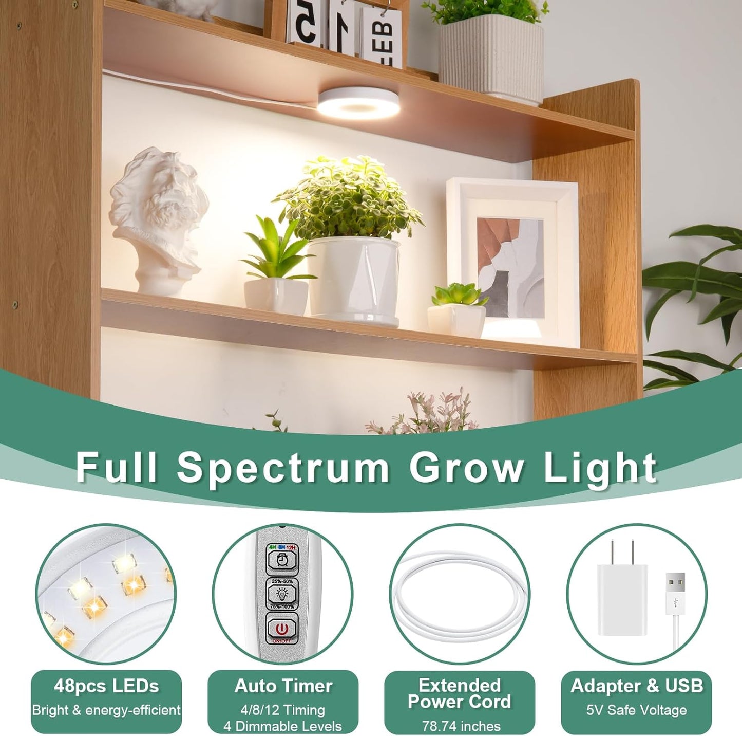 LORDEM Grow Light for Indoor Plants, 48 LEDs Ceiling Full Spectrum Plant Light, 5V Corded Growing Lamp with 4/8/12H Auto Switch, 4 Dimmable Brightness Levels, Ideal for Small Plants