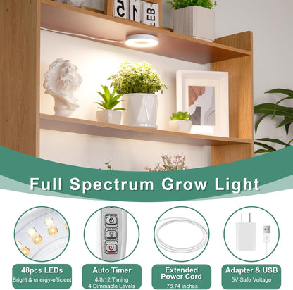 LORDEM Grow Light for Indoor Plants, 48 LEDs Ceiling Full Spectrum Plant Light, 5V Corded Growing Lamp with 4/8/12H Auto Switch, 4 Dimmable Brightness Levels, Ideal for Small Plants