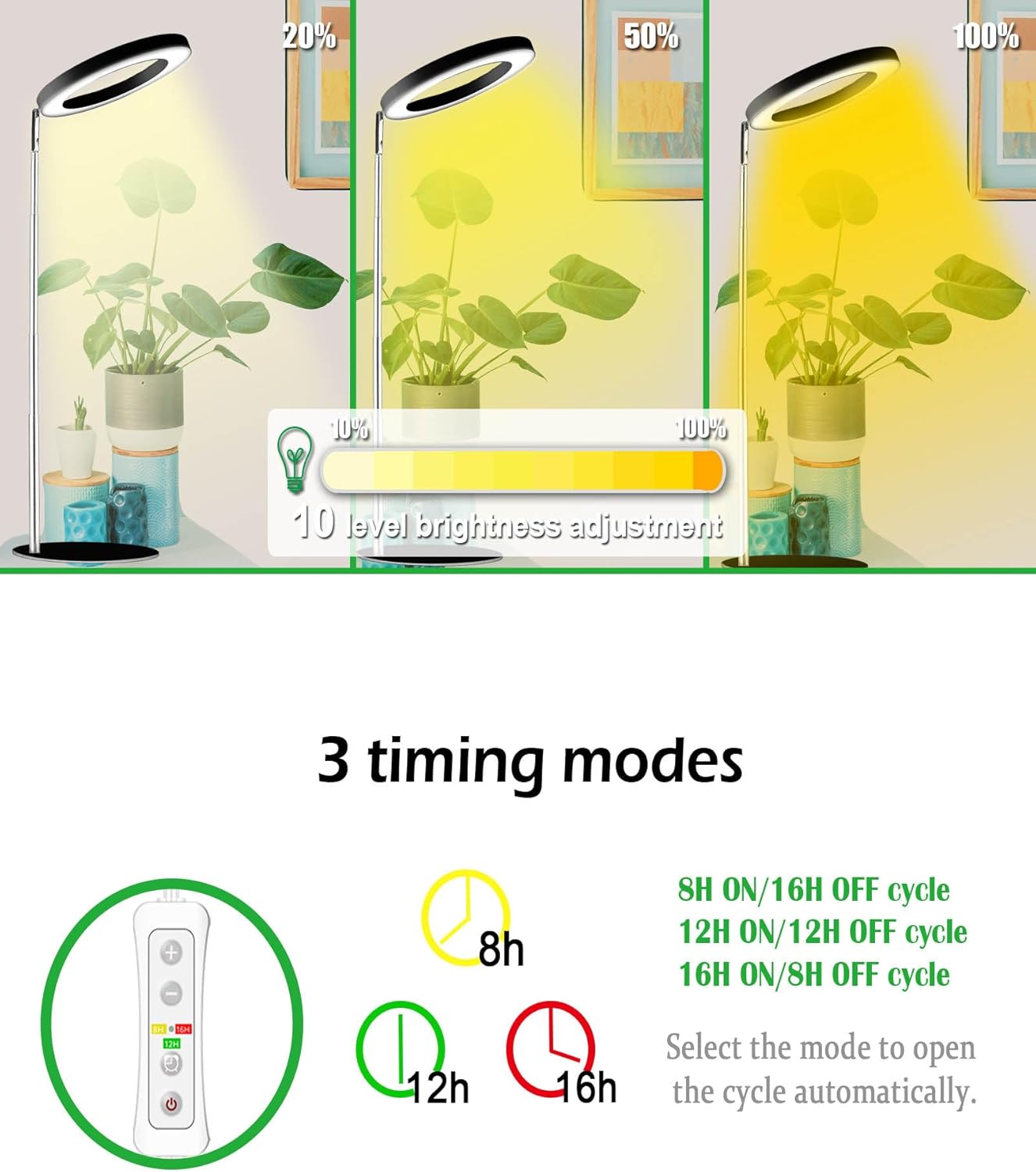 yadoker 144 LEDs Full Spectrum Plant Grow Light for Indoor Plants，Height Adjustable, 6.3" Aluminum Housing,Automatic Timer with 8/12/16 Hours,10-Level Brightness,Ideal for Small and Medium Plant Grow