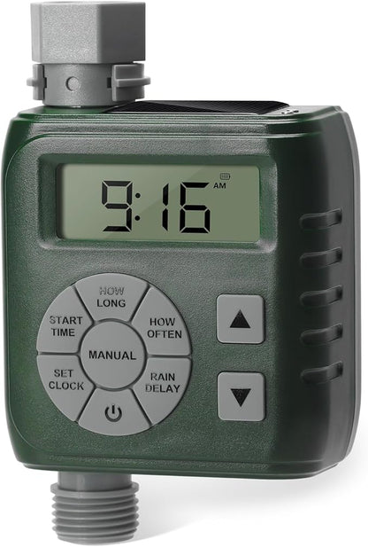 Sprinkler Timer, Programmable Irrigation Water Timer for Garden Hose, Solar/Battery Dual Power & Professional Leak-Proof Design, Rain Delay/Auto/Manual Watering System, Green
