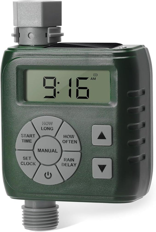 Sprinkler Timer, Programmable Irrigation Water Timer for Garden Hose, Solar/Battery Dual Power & Professional Leak-Proof Design, Rain Delay/Auto/Manual Watering System, Green