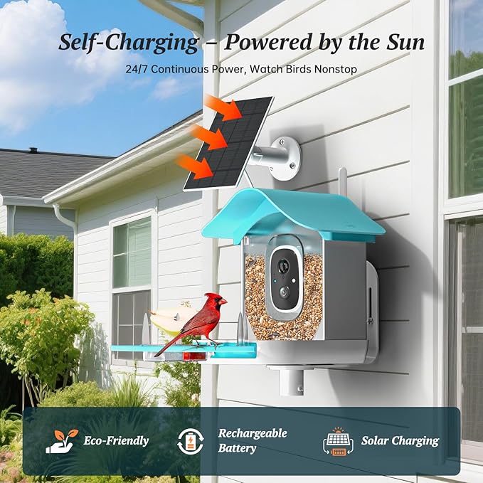 Smart Bird Feeder with Camera, 2K HD AI Identify Birds Species, Bir d Watching Camera with Solar Panel, Auto Capture Bird Videos & Instant Notifications, Ideal Present for Bir d Lover, Blue