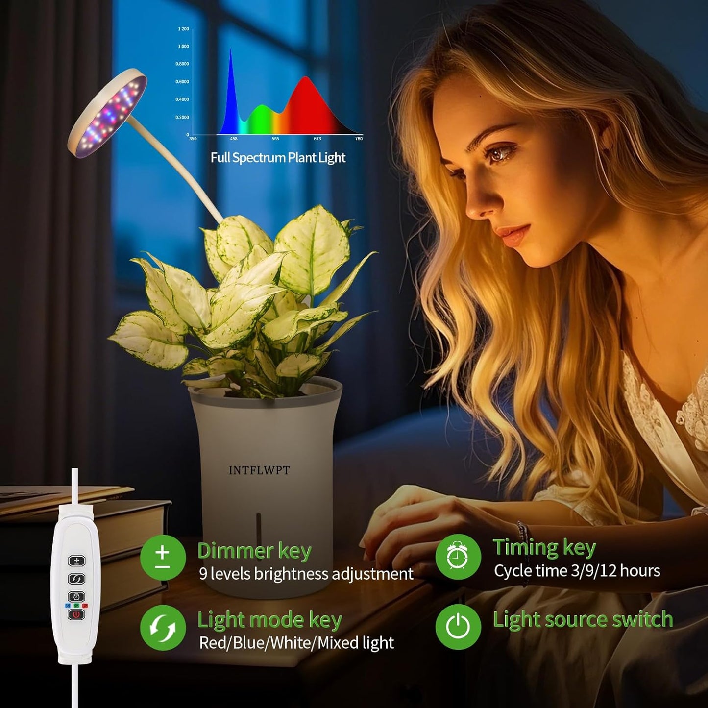 Indoor Planter Grow Light, Soil & Hydroponic Dual Mode, Automatic Timer for 3H/9H/12H, Full Spectrum 9 Dimmable Levels, Plants Germination Kit for 4 Pods, Ideal for Herbs, Flowers & Vegetables (Green)