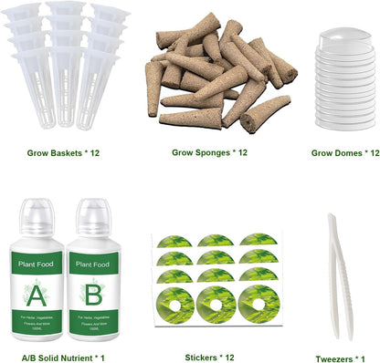 Seed Pod Kit for AeroGarden Growing System，Hydroponics Supplies with 12 Grow Sponges, 12 Grow Baskets, 12 Grow Domes，Plant Food A&B Solid Nutrient, 12 Labels and 1 Tweezer
