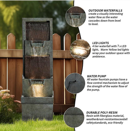 39.3”H Outdoor Garden Waterfall Fountain-Indoor Water Fountain with LED Lights, for Gardens, Landscaping, Patios, Balconies, Office,and Lawns for a Calming Oasis in Outdoor Living Art Decor
