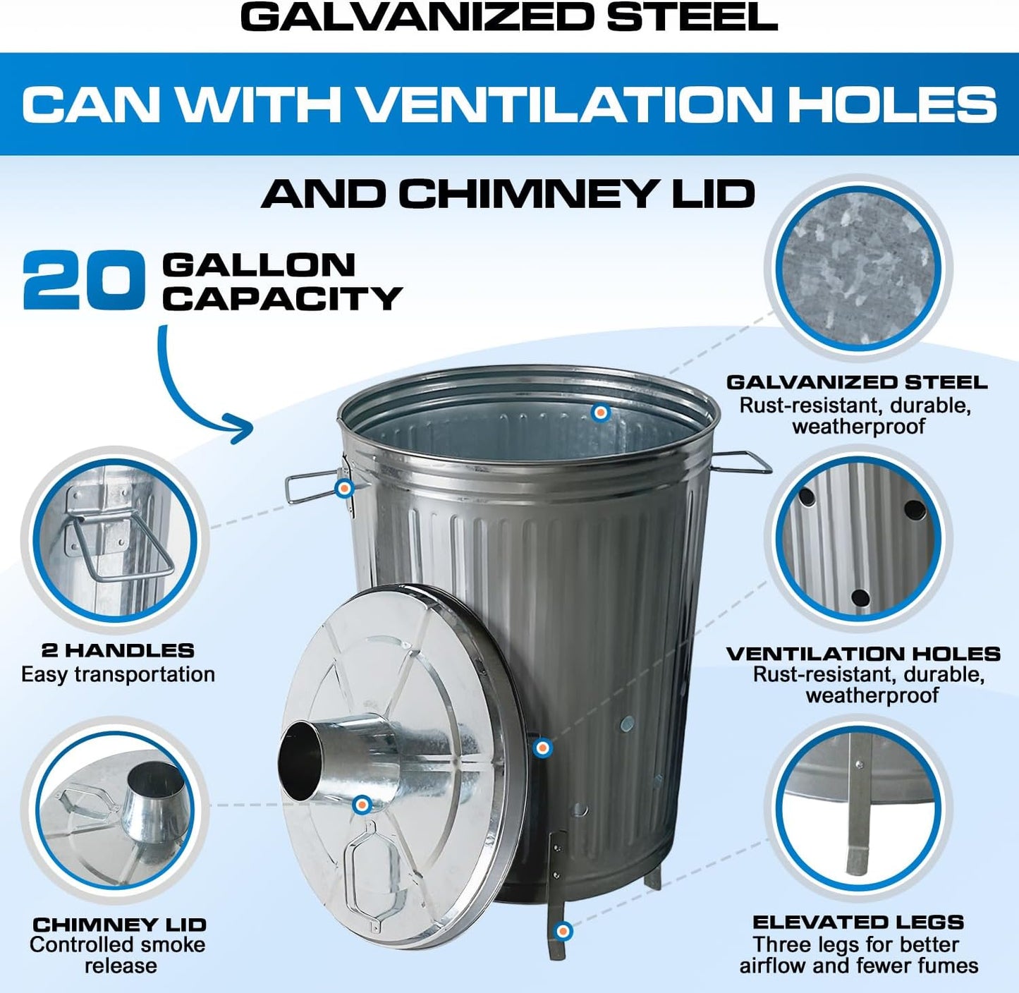 Plexon Metal Compost Bin Outdoor Burn Bin - Galvanized Trash Can with Lid Chimney and Vent Holes - Trash Burning Container Composter Incinerator for Garbage, 20 Gallon (Chimney Lid and Vent Holes)