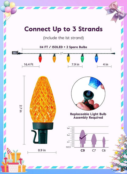 Brightown C9 Christmas Lights Outdoor, 114FT 150 LED Multicolor String Lights with Timer, 8 Modes, Plug-in UL Listed Waterproof Connectable Christmas Tree Lights for House, Roof, Garden, Patio Decor