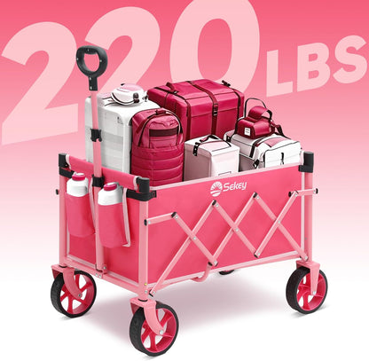 Heavy Duty Wagon with Big Wheels, Foldable Cart with 220LBS Capacity, Utility Lightweight Wagon, Collapsible Grocery Shopping Cart for Camping Sports & Holiday. Pink