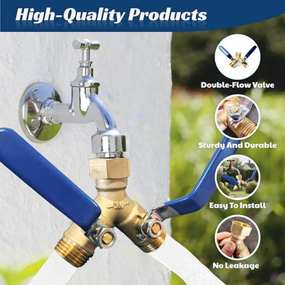 Garden Hose Splitter 2 Way Heavy Duty Brass Hose Splitter With 304 Stainless Steel Long Handle & Winter Faucet Protector, 3/4" Y Valve Thread High Flow Outdoor Faucet Splitter