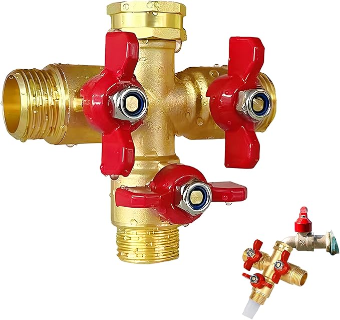 3 Way Garden Hose Splitter, Solid Brass High Flow Spigot Splitter with 3/4” GHT Thread, Individual Shut-Off Valves & Long Handle, Heavy Duty Hose Manifold for Outdoor Faucet