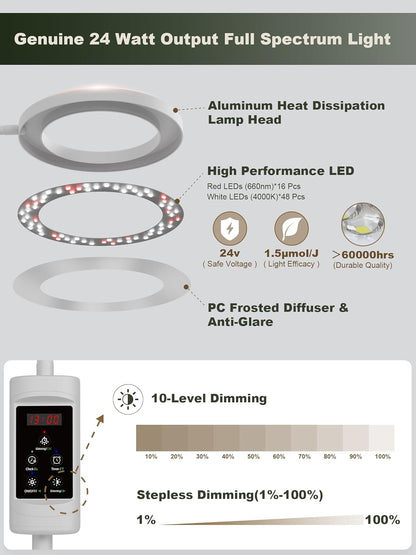 GLOWRIUM Smart Grow Lights for Indoor Plants, 24W Full Spectrum Plant Lights, Bluetooth App & Manual Control, Adjustable Height 47-70.9", Auto Timer, Indoor Plant Lamp for Tall Indoor Plants