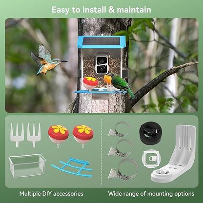Smart Bird Feeder with Camera, Solar Bird Feeder - 2K HD Live Video Camera AI Identify Birds, Visible Window Auto Capture -Instant Arrival Alerts, Birds Lover Gifts (Blue)