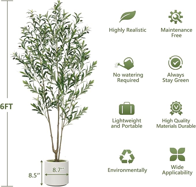 Olive Trees Artificial Indoor, 2 PCS 6FT Faux Olive Tree with Tall Pot, Natural Wood Trunk Treemote and Leaves, Fake Plant for Home Office Bedroom Decor
