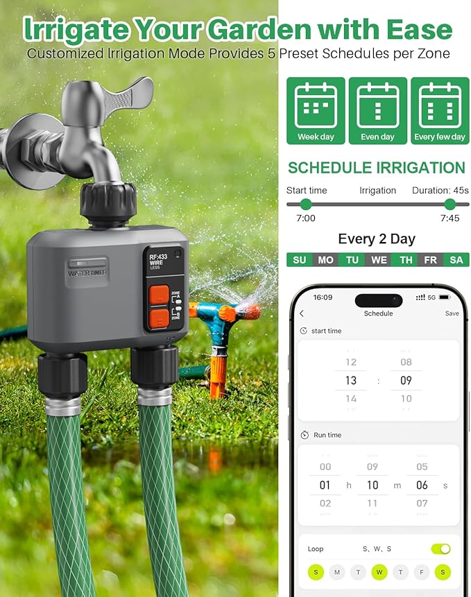 WiFi Sprinkler Timer 2 Zone with 984 Feet RF Gateway, 2 Outlet Smart Water Timer for Garden Hose with Rain Delay/Manual/Automatic,WiFi Water Hose Timers for Garden & Lawns