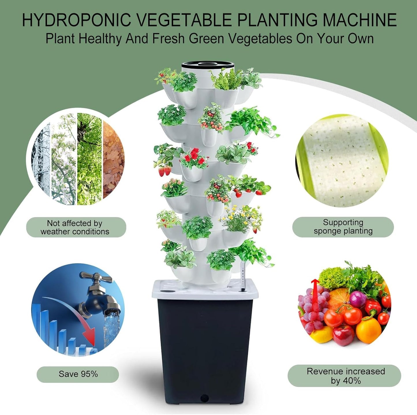 Hydroponics Tower Indoor Growing System Vertical Garden Planter Indoor Smart Garden Kit with Pump and Movable Water Tank Vegetable Plant Gift for Gardening Lover (30-Plants)