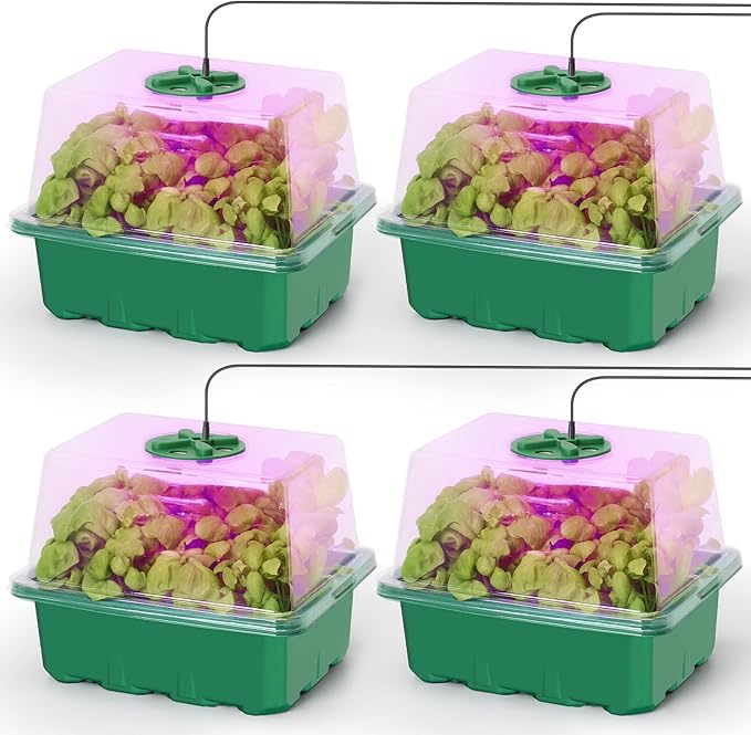 MIXC Seed Starter Kit with Grow Light, Elevated Seedling Tray Kit with Adjustable Humidity Dome and Clear Cell Tray, 12 Full Spectrum Led Beads for Seed Starting Greenhouse, 4 Pack, Green