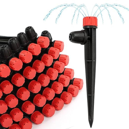 RedChili 50 Pieces Drip Emitters for 1/4" Drip Irrigation Tubing, Adjustable 360 Degree Stream Drip Emitters with Stake 360° Full Circle 8 Hole Stream Emitters Garden Irrigation Micro Drippers