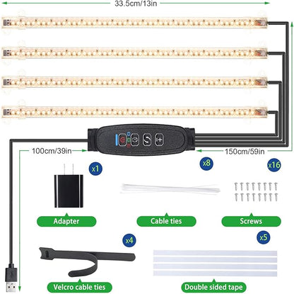 LED Plant Growing lamp Strips, Full Spectrum 3500K Grow Light for Indoor Plants with 3/9/12H Timer and 10 Dimmable Levels for Green House Hydroponics Succulent，4 Head 13 Inches