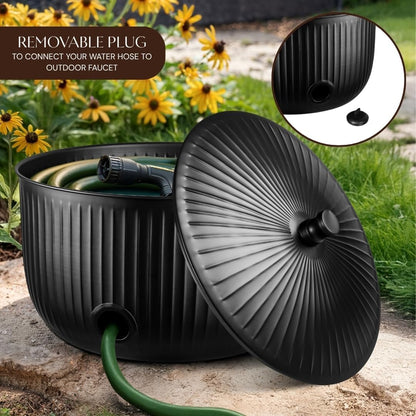 Monarch Abode Decorative Garden Hose Holder with Lid, Matte Black Storage for Outdoor Use, 100 ft Water Hose Pot for Outside, Ridge Embossed Metal Pot with Drainage, Garden Storage Organizer