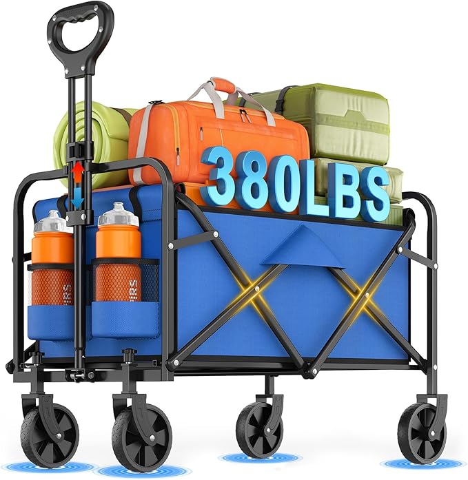 Collapsible Wagon Cart Foldable Beach Wagon with All-Terrain Wheels - 380 LBS Heavy Duty Grocery Cart for Shopping, Beach, Camping, Sports, Garden (Blue)