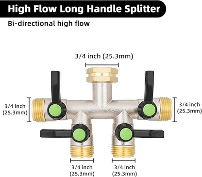 EJW 4 Way Garden Hose Splitter, Heavy Duty Garden Hose Splitter, High Flow Garden Hose Splitters, Fitting 3/4” Brass Outdoor Hose Splitter, Garden Hose Adapter Connector,Water Hose Splitter.