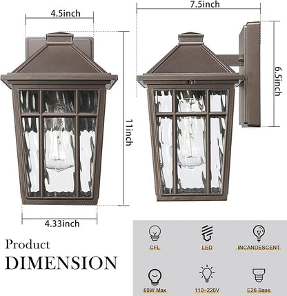 Darkaway Outdoor Sconce Lights Wall Light Fixtures, Exterior Porch Light Outdoor Sconce Anti-Rust Waterproof Aluminum Outside Light with Water Ripple Glass for Patio Yard Doorway Garage