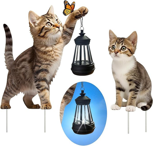 Garden Metal Cat Stake with Solar Light, Outdoor Solar Decoration, Cat Handheld Lantern for Outdoor Garden Lawn Patio, Set of 2