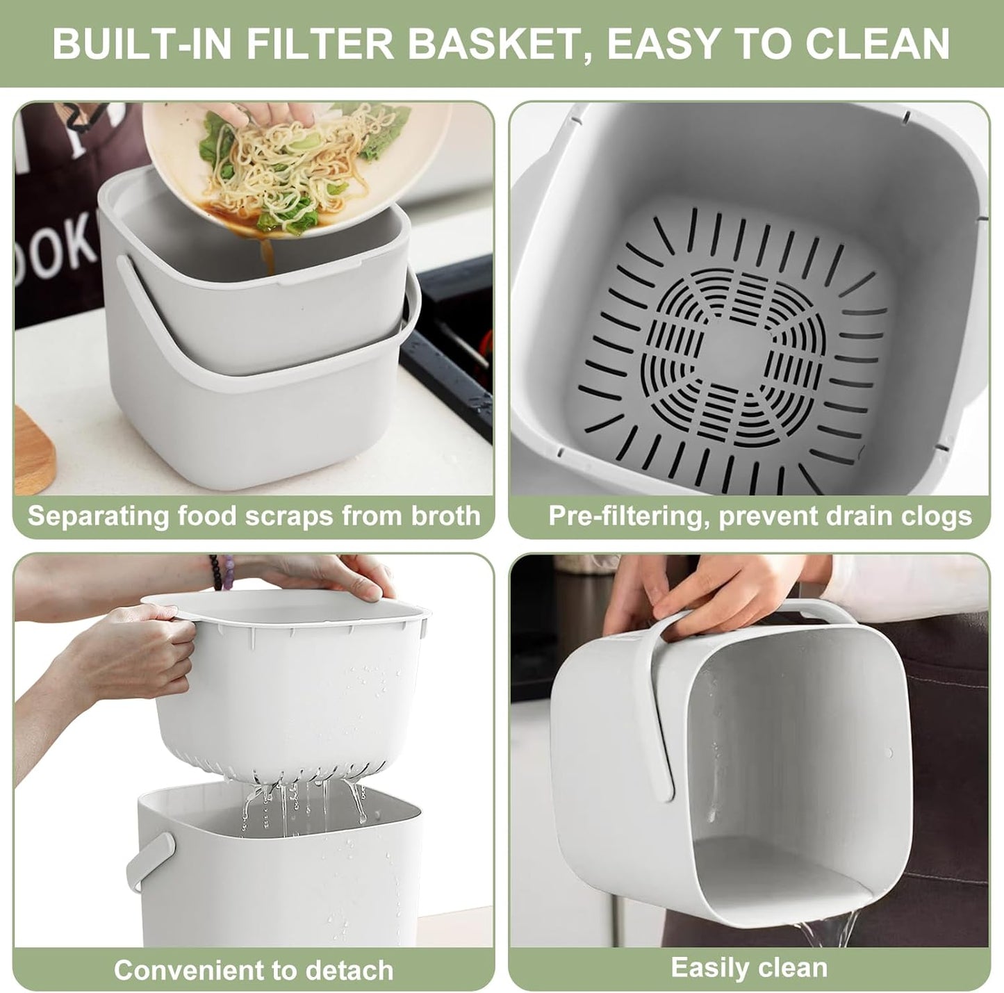 Stylish Kitchen Compost Bin- 1.85 Gal/ 7L Countertop Compost Bin with Lid, Inner Sieve for Separating Liquid from Food, Easy to Clean (White, 1.85GAL)