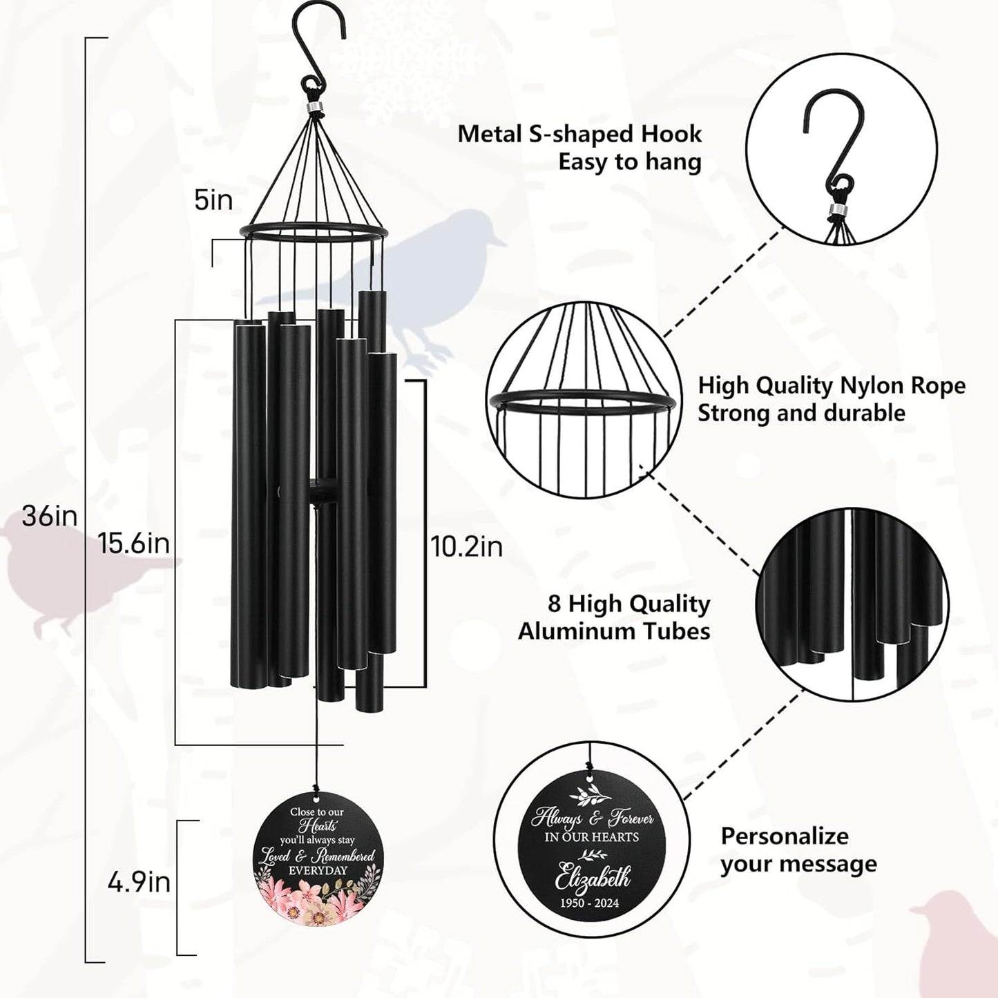 Personalized 36" Memorial Wind Chimes for Outside, Sympathy and Bereavement Gift for Loss of Loved One, A Thoughtful Remembrance of Mother, Father or Husband for Garden and Patio