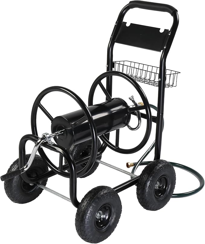 VINGLI 4-Wheel Garden Hose Reel Cart with Storage Basket, Portable Residential Hose Reel Cart, Lawn Watering, for Garden Backyard and Farm