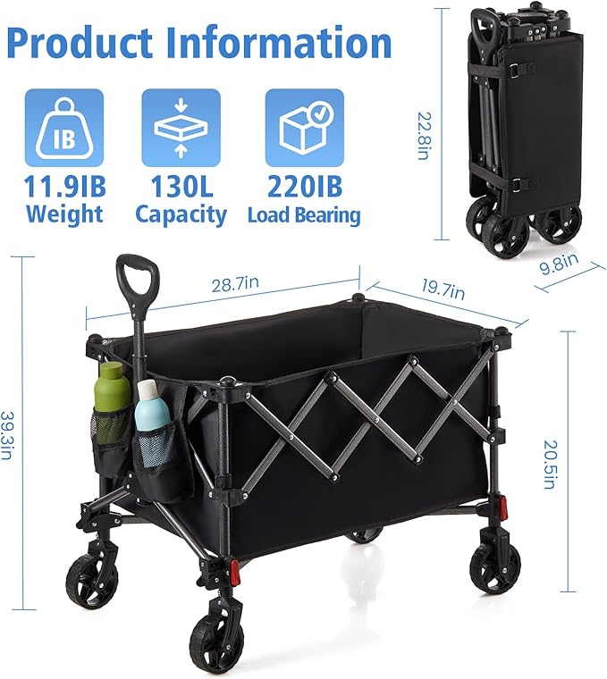 Collapsible Heavy-Duty Wagon Cart with PVC Wheels, Portable Folding Outdoor Utility Wagon for Sports, Garden, Grocery Shopping,Camping, Transportation,Hauling (130L)
