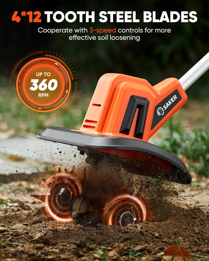 Saker 22V Cordless Electric Garden Tiller Cultivator, Rototiller for Gardening with 3 Adjustable Speed, 9-Inch Tilling Width, 6.3-Inch Depth for Soil Preparation, Weeding, and Gardening SK-TC18A